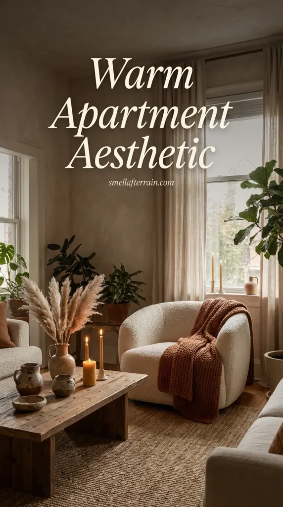 Warm Apartment Aesthetic: A cozy living room featuring beige couches with knitted throws, ambient warm lighting, earthy wooden accents, and soft textured rugs creating an inviting sanctuary.
