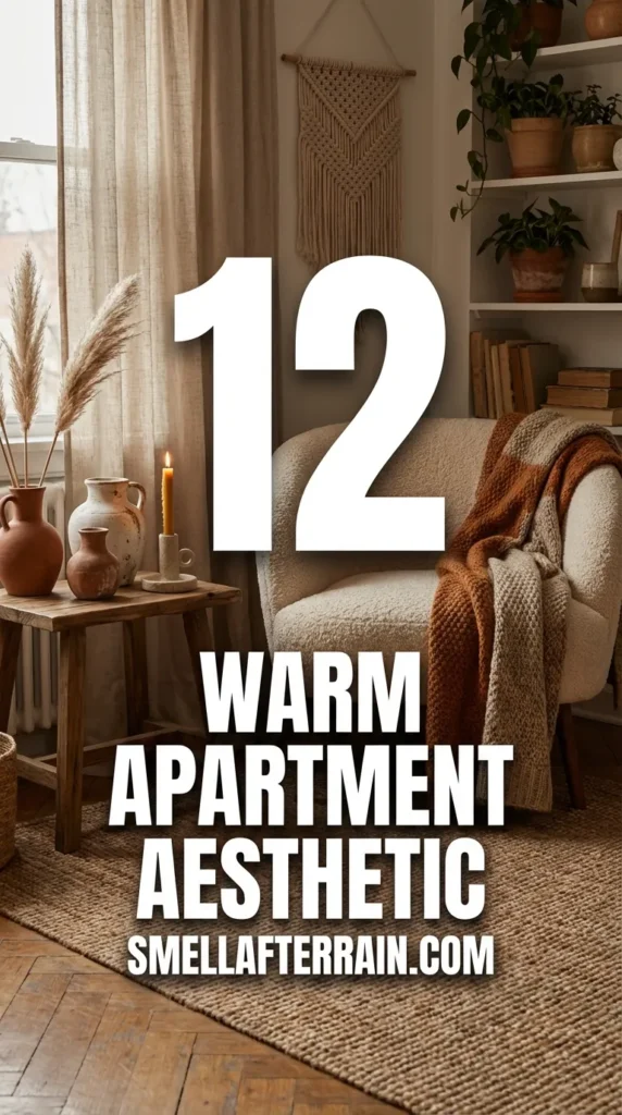 Warm Apartment Aesthetic: A cozy living room featuring earthy tones, textured cream throw blankets, soft amber lighting, and plush rugs that create an inviting atmosphere.