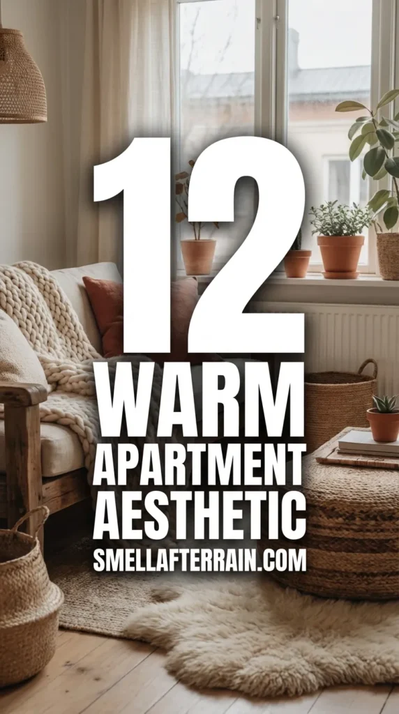 Warm Apartment Aesthetic: A cozy living room featuring earthy tones, textured beige throw pillows, soft knit blankets, and warm ambient lighting.
