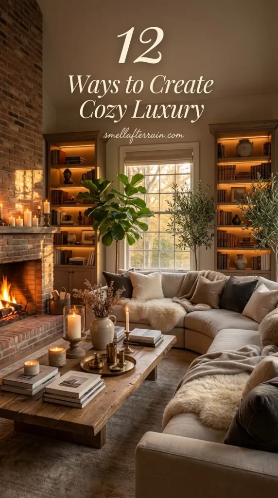 12 Ways to Create Cozy Luxury: A warm, inviting living room featuring a grey sectional sofa layered with textured throws, a rustic wooden coffee table illuminated by many candles, tall bookshelves with ambient lighting, and a brick fireplace creating a soft glow against large windows showing autumn trees.