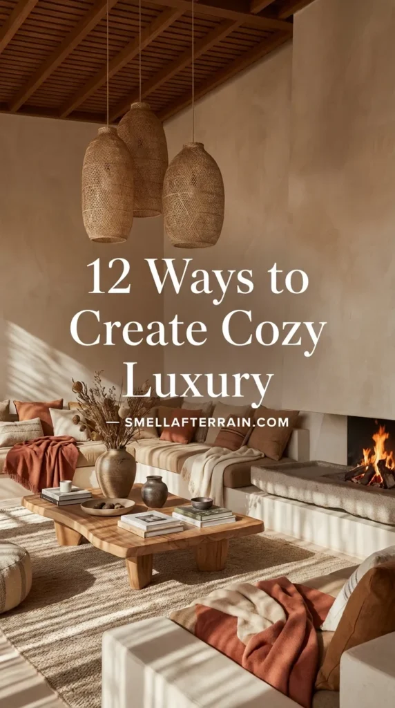 12 Ways to Create Cozy Luxury: A warm, rustic living room featuring textured beige plaster walls, a built-in sofa with earth-tone pillows, hanging woven pendant lights, a roaring fireplace, and organic wooden furniture.