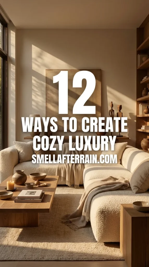 12 Ways to Create Cozy Luxury: A sun-drenched living room featuring a low-profile cream modular sofa, rustic wooden coffee tables, and floor-to-ceiling windows creating a warm, minimalist atmosphere.