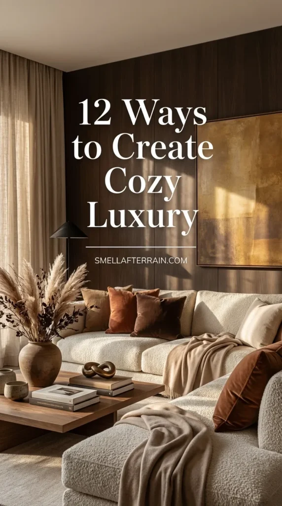 12 Ways to Create Cozy Luxury: A sophisticated living room featuring dark vertical wood paneling, a cream sectional sofa with brown velvet pillows, abstract art, and black ceramic vases on a dark coffee table.