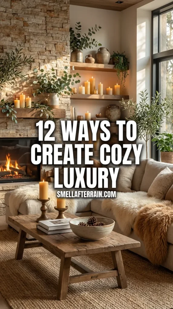12 Ways to Create Cozy Luxury: A warm living room featuring a textured stone fireplace with a glass front, a large grey sectional sofa adorned with fur throws and pillows, floating wood shelves filled with many glowing candles, hanging greenery, and large windows providing natural light.