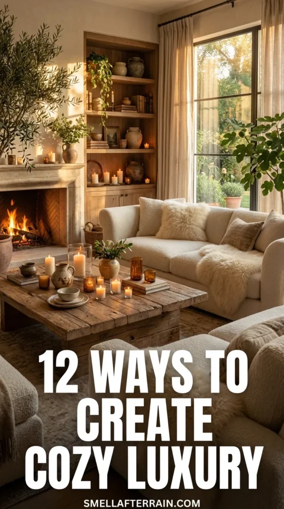 12 Ways to Create Cozy Luxury: A warm, modern rustic living room featuring a textured stone fireplace, L-shaped grey sectional sofa with fur throws, floating shelves filled with glowing candles, and large floor-to-ceiling windows.