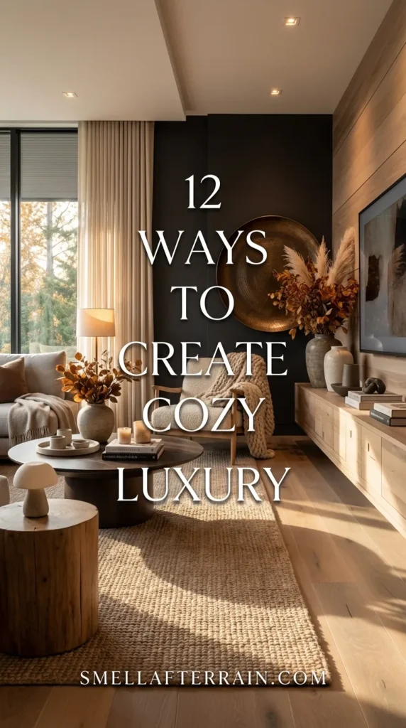 12 Ways to Create Cozy Luxury: A modern living room featuring a wood-paneled TV wall, round wooden coffee table, soft grey sectional, and floor-to-ceiling beige curtains. A dark accent wall contrasts with organic pottery and dried branches.