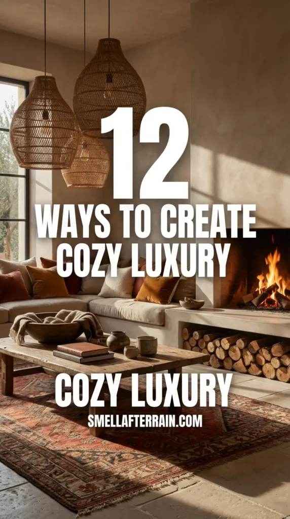 12 Ways to Create Cozy Luxury: A warm, earthy living room featuring textured beige plaster walls, a long built-in sofa with rust and brown velvet cushions, three large hanging woven pendant lights, a wicker coffee table, and a modern fireplace with a roaring fire.