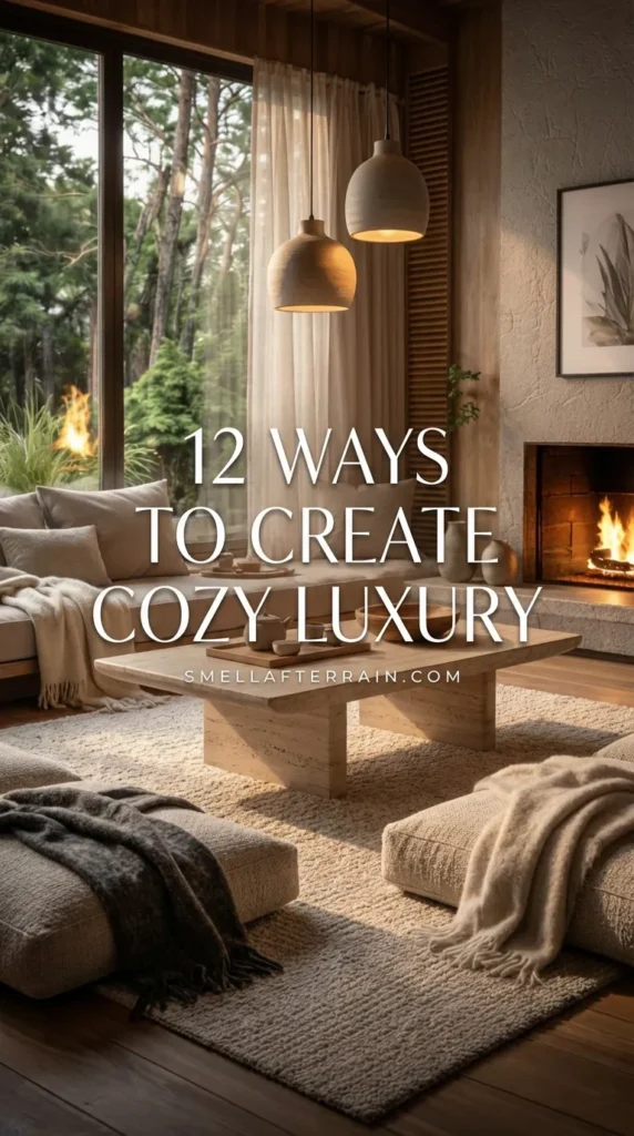 12 Ways to Create Cozy Luxury: A serene living room featuring a low reclaimed wood coffee table, beige floor cushions on a textured rug, and large paper lantern pendant lights. A roaring fireplace adds warmth next to floor-to-ceiling windows framing a forest view.