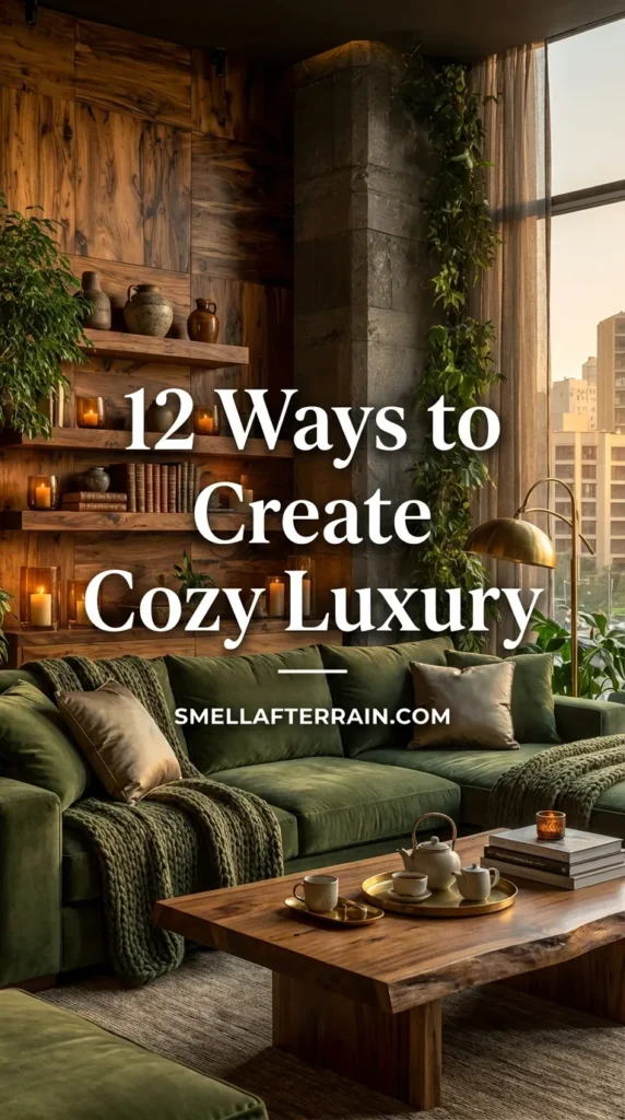 12 Ways to Create Cozy Luxury: A moody, high-end living room featuring a large deep green velvet sectional sofa, warm wooden wall paneling, and climbing ivy on a pillar, all illuminated by soft candlelight against a twilight city skyline view.