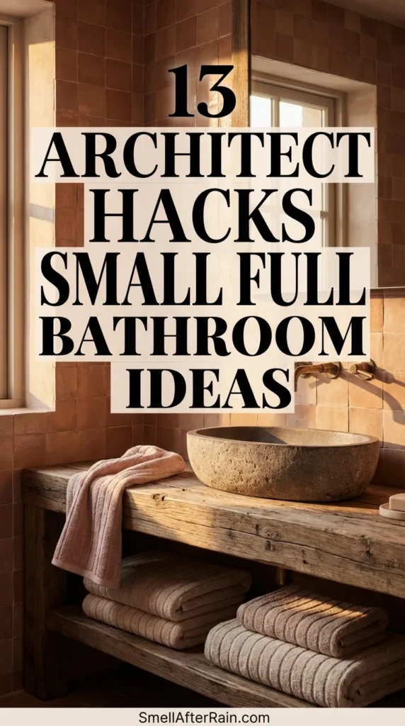 Close-up of a rustic wooden bathroom vanity with a grey stone vessel sink and vintage brass wall-mounted faucets, illustrating smart 13 Architect Hacks Small Full Bathroom Ideas. White Zellige tiles cover the wall while open wooden shelving underneath stores stacked pink and black towels, demonstrating stylish space-saving storage solutions.