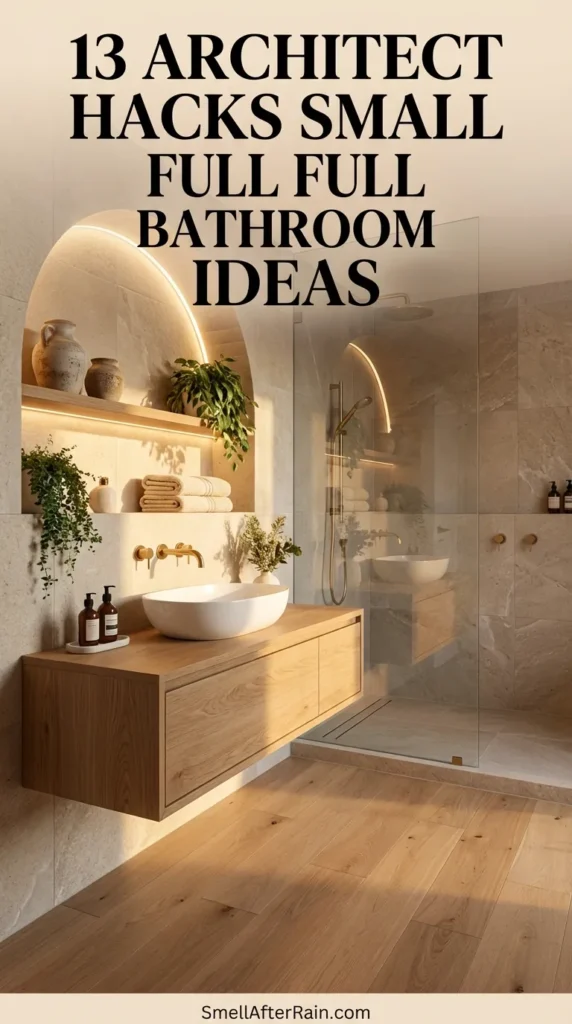 A modern small bathroom featuring a floating wood vanity with a vessel sink and a backlit mirror against soft teal walls. Open wooden shelving sits above the toilet holding plants and decor, demonstrating vertical storage solutions. This setup illustrates 13 Architect Hacks Small Full Bathroom Ideas like maximizing floor visibility and using lighting layers to create depth.