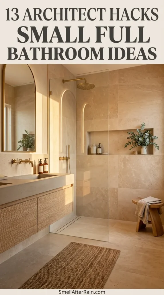 A serene, neutral-toned bathroom featuring natural stone tiles and a frameless glass shower partition. The space utilizes a wet room concept with matte black fixtures, a wooden ladder towel rack, and rustic decor. This design exemplifies 13 Architect Hacks Small Full Bathroom Ideas, showing how continuous flooring and minimal barriers create an illusion of space in compact areas.