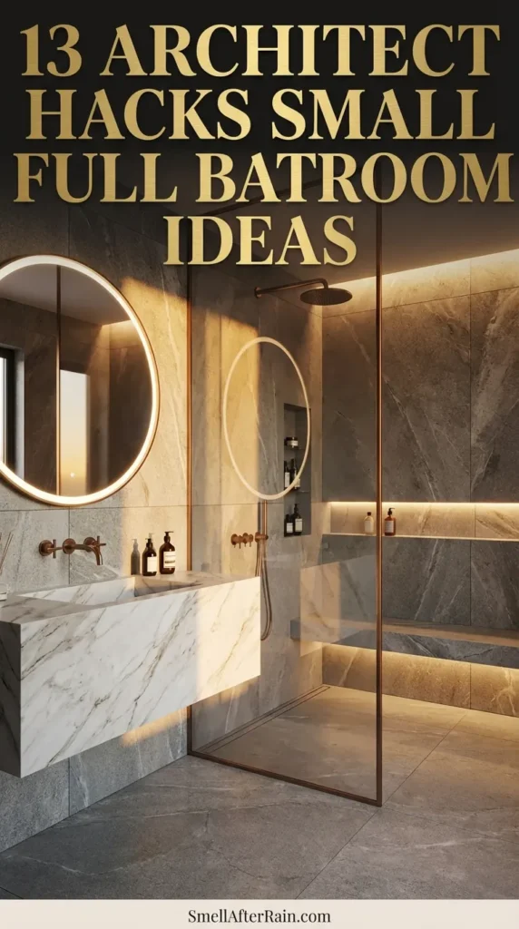 A sleek modern wet room with floor-to-ceiling grey stone tiles and copper fixtures. This design exemplifies 13 Architect Hacks Small Full Bathroom Ideas, featuring a floating vanity, recessed shower niche, and strategic lighting to maximize space.