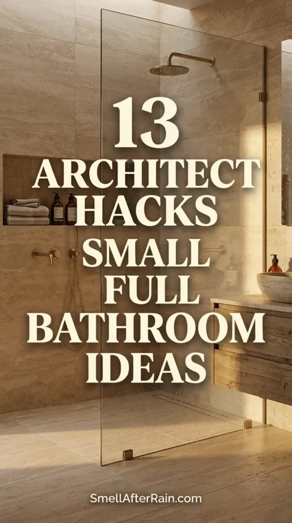 A serene bathroom featuring a white freestanding tub below three floating wood shelves built into a recessed niche, displaying towels and plants. The warm stone tile and candlelight illustrate 13 Architect Hacks Small Full Bathroom Ideas for maximizing vertical storage and creating a spa atmosphere.