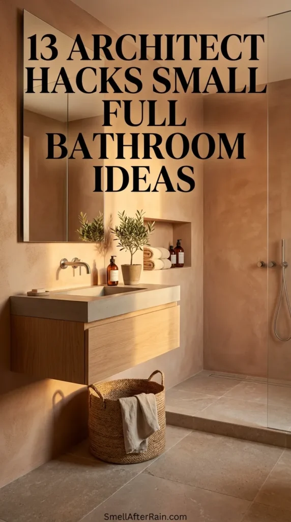 A neatly organized small bathroom featuring smart vertical storage with four round woven baskets mounted on the beige wall above the white toilet, each holding rolled white towels. A green potted plant sits on the toilet tank near a vanity with monstera leaves in a vase, illustrating one of the 13 Architect Hacks Small Full Bathroom Ideas for maximizing space.
