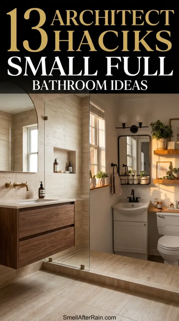 A bright, bohemian-style small bathroom featuring a white pedestal sink with a matte black faucet and mirror. Floating wooden shelves installed above the toilet display potted greenery and framed art, illustrating 13 Architect Hacks Small Full Bathroom Ideas for vertical storage and maximizing space.