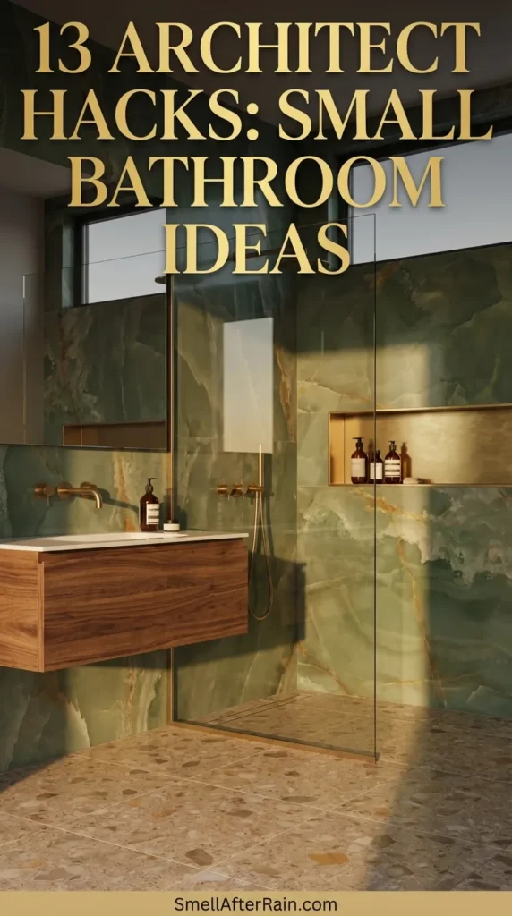 A modern wet room shower featuring large green onyx-style wall tiles and pink terrazzo flooring with a wooden stool and trailing pothos plant. This design illustrates 13 Architect Hacks Small Full Bathroom Ideas by utilizing large format tiles, a recessed wall niche, and brass fixtures to create a spacious feel in a compact footprint.