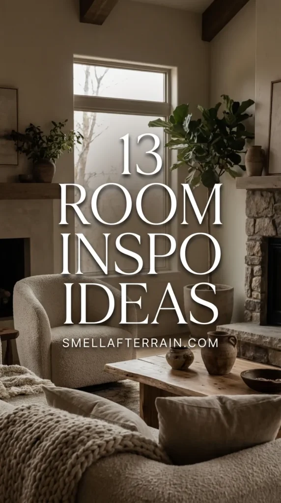 Room Inspo Ideas: A warm, texture-rich living space featuring layered cream throw blankets, soft ambient lighting, rustic wood accents, and plush seating arranged to create a cozy, guest-ready atmosphere.