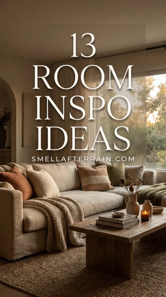 Room Inspo Ideas: A cozy living space featuring texture-rich throw pillows, warm earth tones, and soft lighting designed for authentic hospitality.