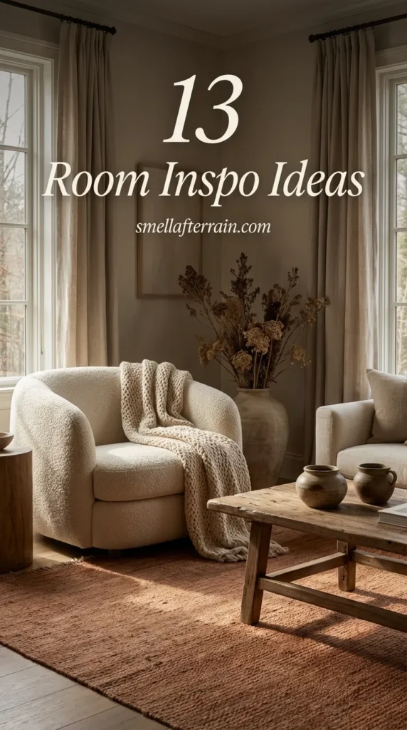 Room Inspo Ideas: A warm, texture-rich living space featuring soft woven throws, rustic wood accents, and ambient lighting that creates a cozy, guest-ready atmosphere.
