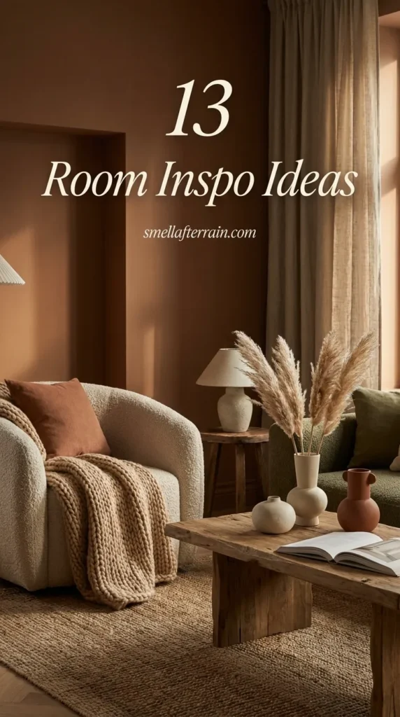 Room Inspo Ideas: A warm, inviting living space featuring rich textures, layered knit blankets, soft ambient lighting, and neutral beige tones that create a guest-ready sanctuary.