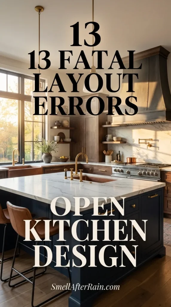 Cozy modern farmhouse kitchen with a dark navy island, butcher block top, and white shaker cabinets, illustrating a beautiful space that avoids 13 Fatal Layout Errors Open Kitchen Design. The room features exposed wooden beams, chevron wood floors, and industrial pendant lighting, serving as a prime example of good zoning versus the warehouse effect.