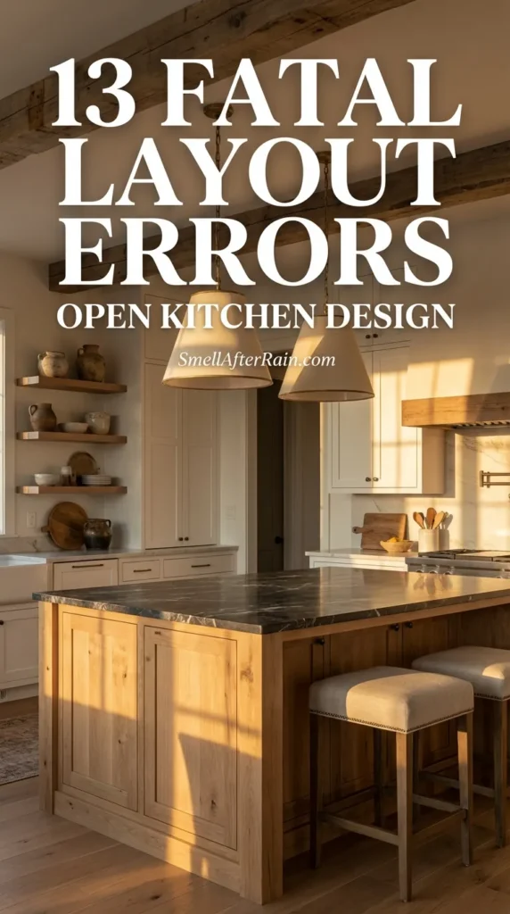 A bright modern farmhouse kitchen featuring exposed wood ceiling beams, white shaker cabinets, and a large natural wood island with beige bar stools. The space flows directly into a living area with a white sofa, illustrating the need to avoid 13 Fatal Layout Errors Open Kitchen Design regarding traffic flow and zoning.