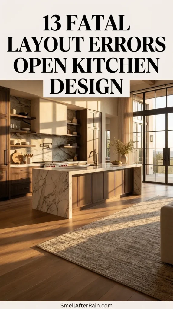 A stunning rustic modern kitchen with exposed wooden ceiling beams, white shaker cabinets, and a large marble island filled with natural light. The space exemplifies good flow, avoiding the 13 Fatal Layout Errors Open Kitchen Design such as traffic collisions or lighting temperature wars, featuring hardwood floors and a vintage runner rug.