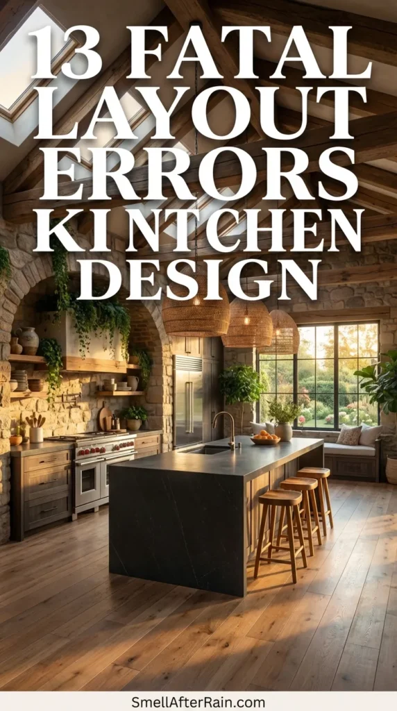 A stunning rustic open kitchen featuring exposed wooden beams, stone walls, and abundant greenery hanging from shelves. The space includes a large wooden island, skylights letting in natural light, and textured flooring. Use this inspiration to avoid 13 Fatal Layout Errors Open Kitchen Design like bad lighting temperatures or zoning failures. Perfect farmhouse kitchen remodel inspiration.