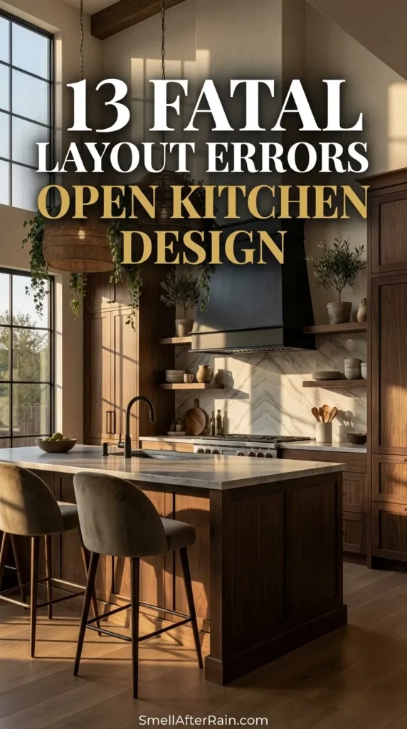 A beautiful organic modern kitchen featuring dark green lower cabinets, open wood shelving, and large woven pendant lights hanging over a rustic wooden island. Lush hanging plants add greenery while a jute runner rug leads towards a professional range and black vent hood. Learn to avoid 13 Fatal Layout Errors Open Kitchen Design by studying this layout which balances traffic flow and zoning effectively.
