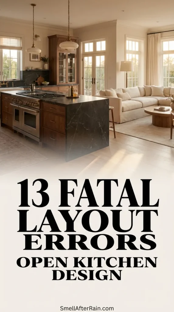 A bright, elegant open concept interior featuring white kitchen cabinetry, a large marble island with seating, and warm hardwood floors that flow seamlessly into a sunlit living room with french doors. This space represents an ideal layout free of the 13 Fatal Layout Errors Open Kitchen Design like poor sightlines or mismatched zoning.