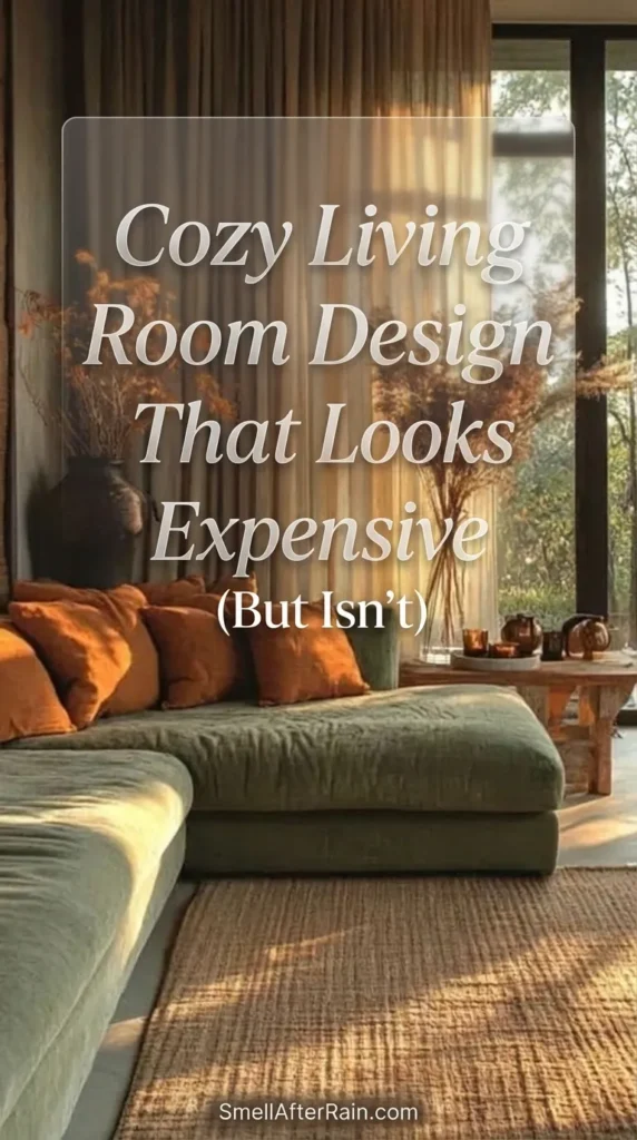 Sunlight streams through sheer beige curtains in a warm living room featuring a moss green sectional sofa with rust-colored pillows. The space showcases a cozy living room design that looks expensive (but isn't), utilizing a large jute rug, dried floral arrangements in ceramic vases, and rustic wooden tables to create an earthy, high-end aesthetic on a budget.