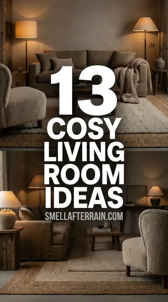 Cosy Living Room Ideas: A sophisticated and warm living area featuring plush beige sofas, rich wood accents, layered textiles, and soft mood lighting characteristic of Old Money design.