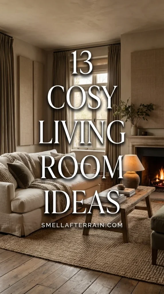 Cosy Living Room Ideas: A warm, sophisticated living space featuring layered textures, plush cream furniture, ambient lighting, and elegant acoustic details typical of old money design.
