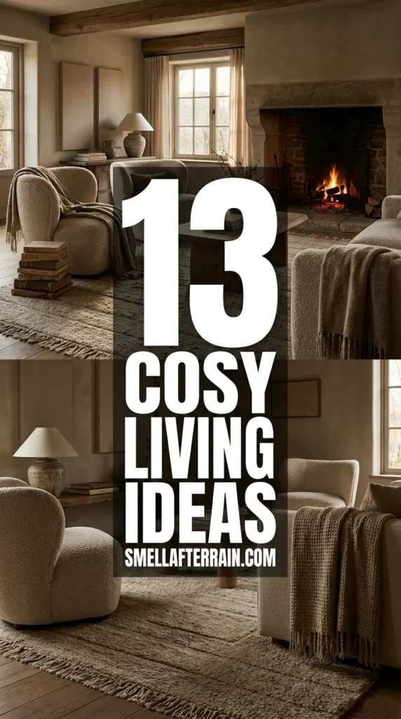 Cosy Living Room Ideas: A warm, inviting living space featuring beige velvet sofas, layered wool rugs, soft ambient lighting, and rich wood accents.