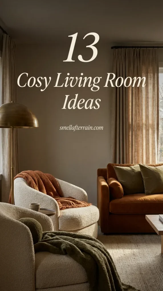 Cosy Living Room Ideas: A sophisticated and warm living space featuring plush velvet textures, soft ambient lighting, and elegant acoustic layering that creates a timeless luxury atmosphere.