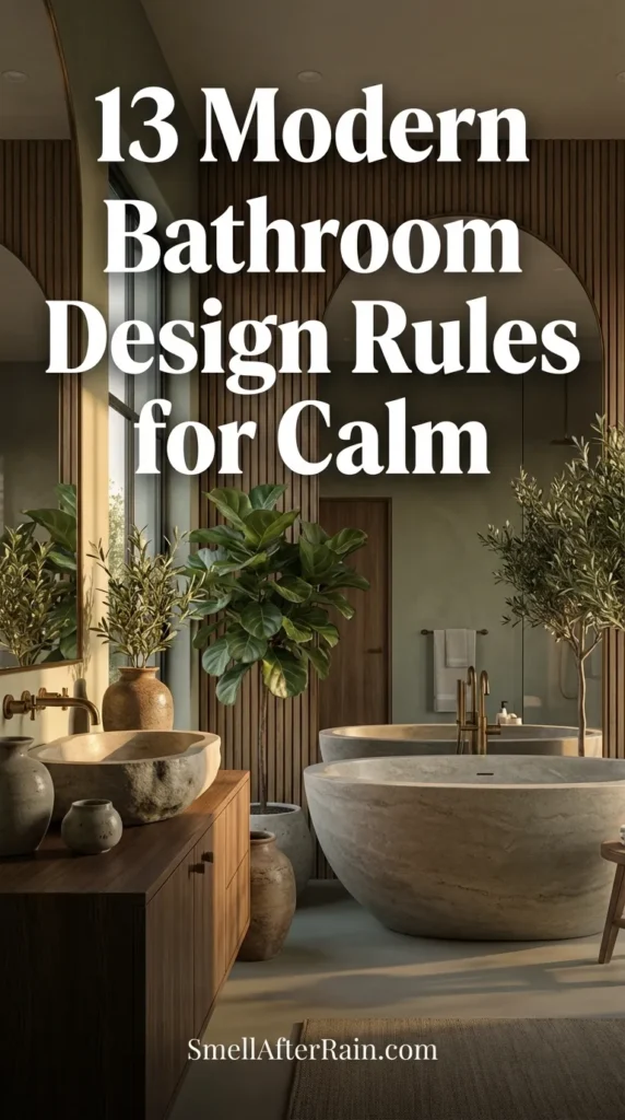 A serene, moody green bathroom interior featuring a wooden floating vanity and vessel sink, illustrating 13 Modern Bathroom Design Rules for Calm. The space includes a large arched mirror, warm sconce lighting, and abundant biophilic elements like ferns and dried flowers. A white freestanding tub sits next to a woven basket on a patterned rug, showcasing texture and monochromatic harmony.