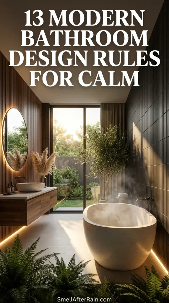 A sophisticated modern bathroom featuring a walk-in glass shower with matte black fixtures and a large potted plant for biophilic appeal. A wooden vanity with a vessel sink stands against a dramatic dark vertical tile wall, illuminated by warm pendant lights and a backlit mirror. This setup perfectly illustrates 13 Modern Bathroom Design Rules for Calm by combining acoustic softening textures and circadian lighting elements.