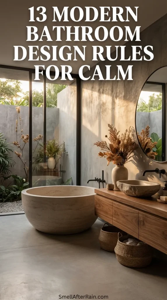 A serene grey bathroom interior featuring a glass shower with hexagonal tiles, a wooden vanity with a stone basin, and a round mirror. The space illustrates 13 Modern Bathroom Design Rules for Calm through texture, warm lighting, and biophilic dried plants.