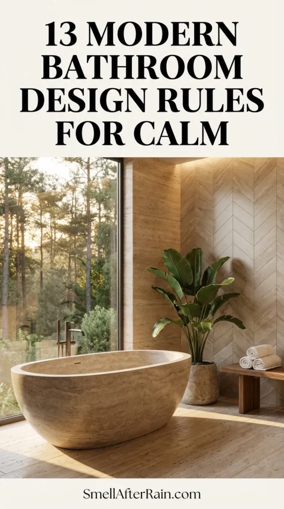 A serene bathroom interior featuring beige herringbone tiles and brass shower fixtures next to a large window revealing lush green trees. A black bench holding white towels and woven storage baskets sits beneath a potted plant. This space exemplifies 13 Modern Bathroom Design Rules for Calm by utilizing biophilic design and natural textures to create a spa-like atmosphere.