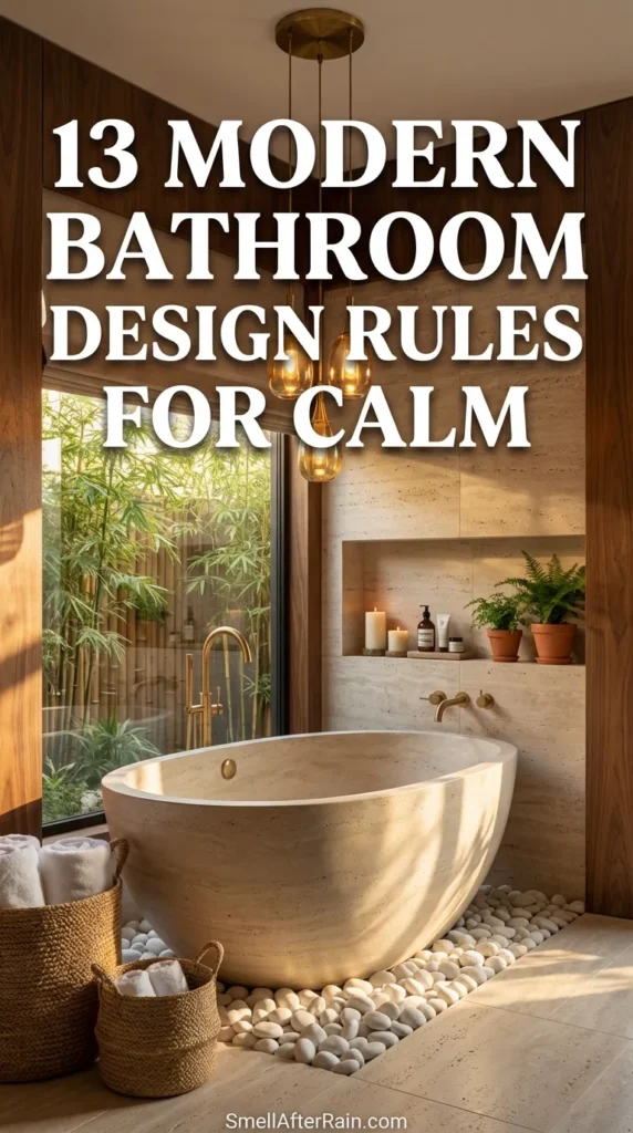 A luxurious, neutral-toned bathroom interior featuring a white freestanding tub resting on a bed of white river stones. The room showcases biophilic design with a tall bamboo plant and natural woven baskets. Warm pendant lighting hangs over the tub, and a recessed wall niche holds glowing candles and small plants. This scene perfectly illustrates the 13 Modern Bathroom Design Rules for Calm.