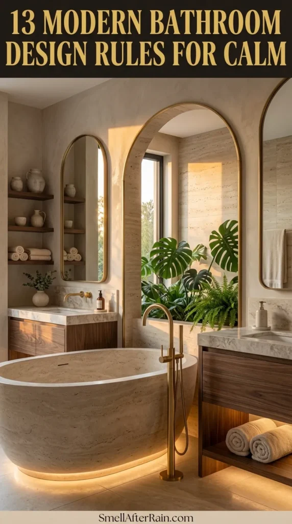 A serene, spa-like sanctuary illustrating 13 Modern Bathroom Design Rules for Calm. The space features a stone freestanding bathtub next to a large window, paired with a floating wood vanity and marble countertop. Arched mirrors with warm backlighting create a soothing ambiance, while open shelving displays ceramics and textures. Biophilic elements like potted greenery and eucalyptus add life to the neutral, monochromatic beige palette, enhancing the calming atmosphere.