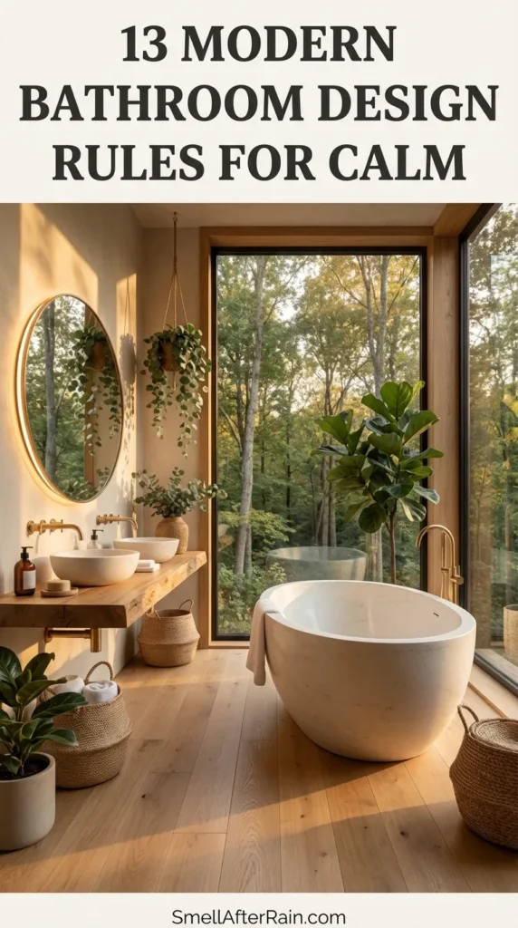 A serene, rustic modern bathroom interior featuring floor-to-ceiling warm wood paneling and a sleek charcoal grey freestanding bathtub. A large round mirror reflects a snowy window view, while hanging glass pendant lights offer warm illumination. Lush green plants add a biophilic touch alongside a white vessel sink on a wooden floating shelf. This design perfectly illustrates 13 Modern Bathroom Design Rules for Calm by blending natural textures with luxury fixtures.