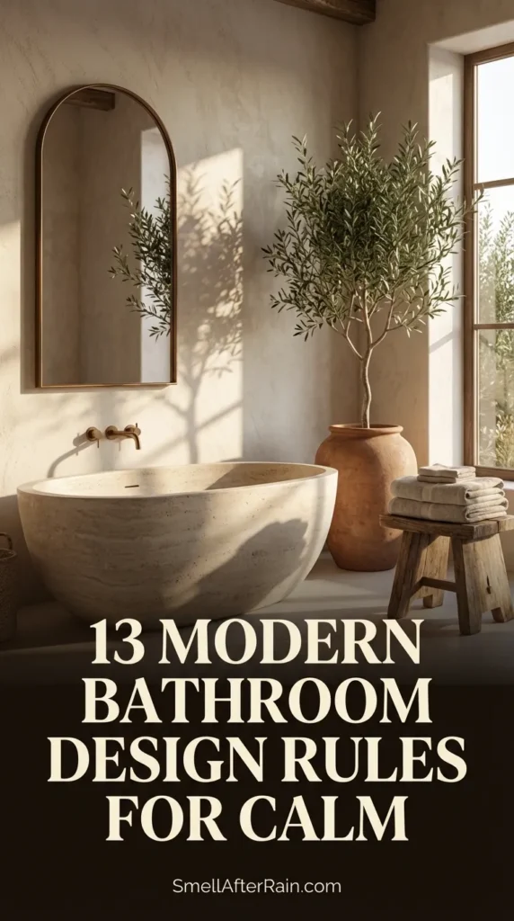 A serene bathroom vanity featuring a thick live-edge wooden countertop and a beige stone vessel sink. Textured stone tiles cover the wall behind an organic-shaped mirror reflecting natural light. Dried pampas grass in a ceramic vase and a warm amber pendant light add to the atmosphere, perfectly illustrating the 13 Modern Bathroom Design Rules for Calm by incorporating natural textures and biophilic design elements.