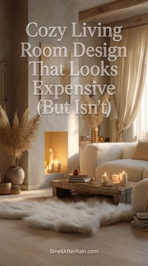 A warm and inviting Cozy Living Room Design That Looks Expensive (But Isn't) featuring a curved cream boucle sofa, rustic wooden coffee table, and a large fluffy faux fur rug. The space is accented with tall pampas grass, soft candlelight in a modern fireplace niche, and floor-to-ceiling sheer curtains filtering golden sunlight, showcasing perfect texture layering.