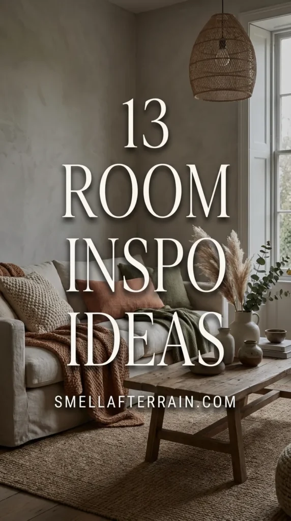 Room Inspo Ideas: A cozy living space featuring layered textiles, warm neutral tones, plush throw blankets, and soft lighting that invites conversation.