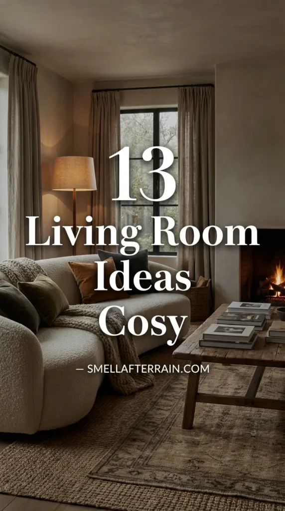 Cosy Living Room Ideas: A warm, luxury living space featuring layered textured fabrics, soft ambient lighting, acoustic rugs, and elegant beige furniture creating an inviting atmosphere.