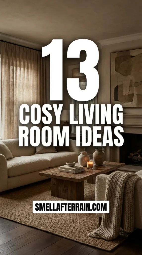 Cosy Living Room Ideas: A warm and inviting living space featuring beige linen sofas, layered woolen throws, vintage brass lighting fixtures, and rich wood accents creating an Old Money aesthetic.