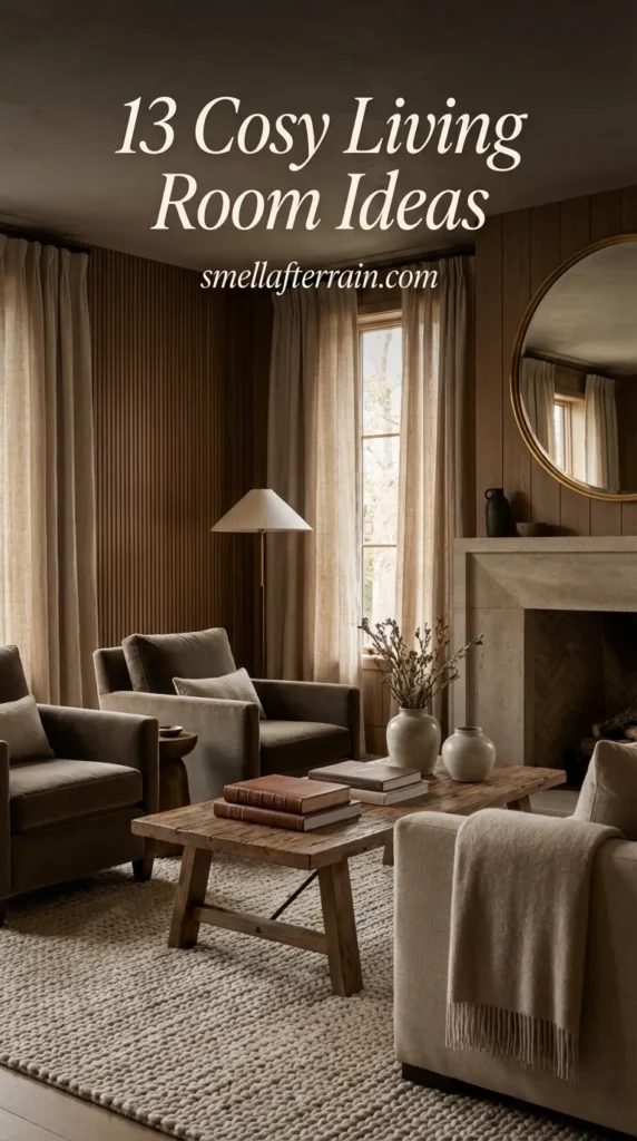 Cosy Living Room Ideas: A luxurious interior featuring warm lighting, plush beige textures, stacked books, and elegant furniture creating an inviting old money atmosphere.