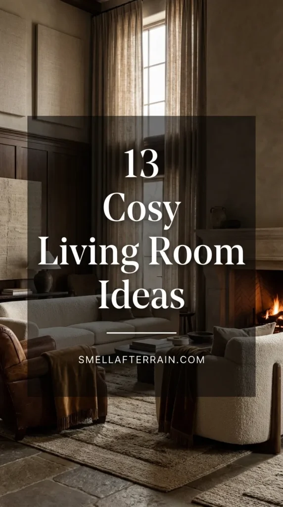 Cosy Living Room Ideas: A warm, sophisticated living space featuring plush velvet sofas, layered acoustic textiles, and soft ambient lighting that creates an Old Money luxury atmosphere.